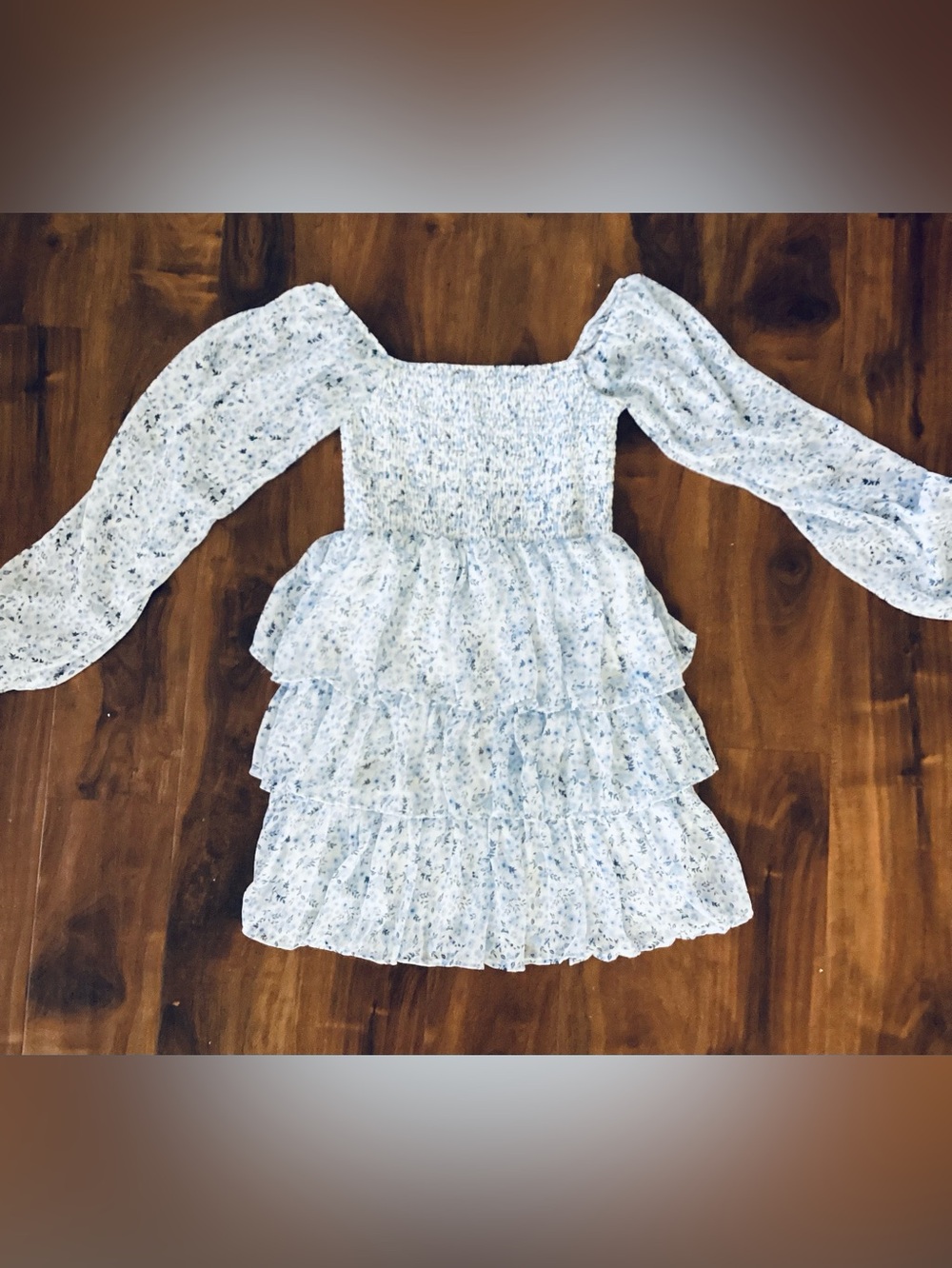 Light Blue Floral Smocked Tiered Ruffle Casual Dress